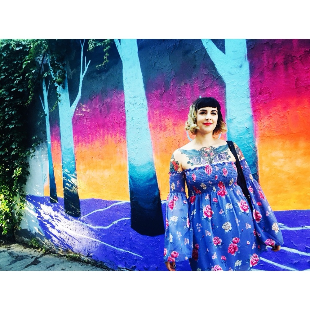 Forever 21 Boho Blue Floral Off Shoulder Long Sleeve Dress